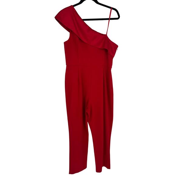 Adrianna Papell One-Shoulder Jumpsuit Red Satin Accent Cocktail Party Formal 12 - Picture 4 of 10